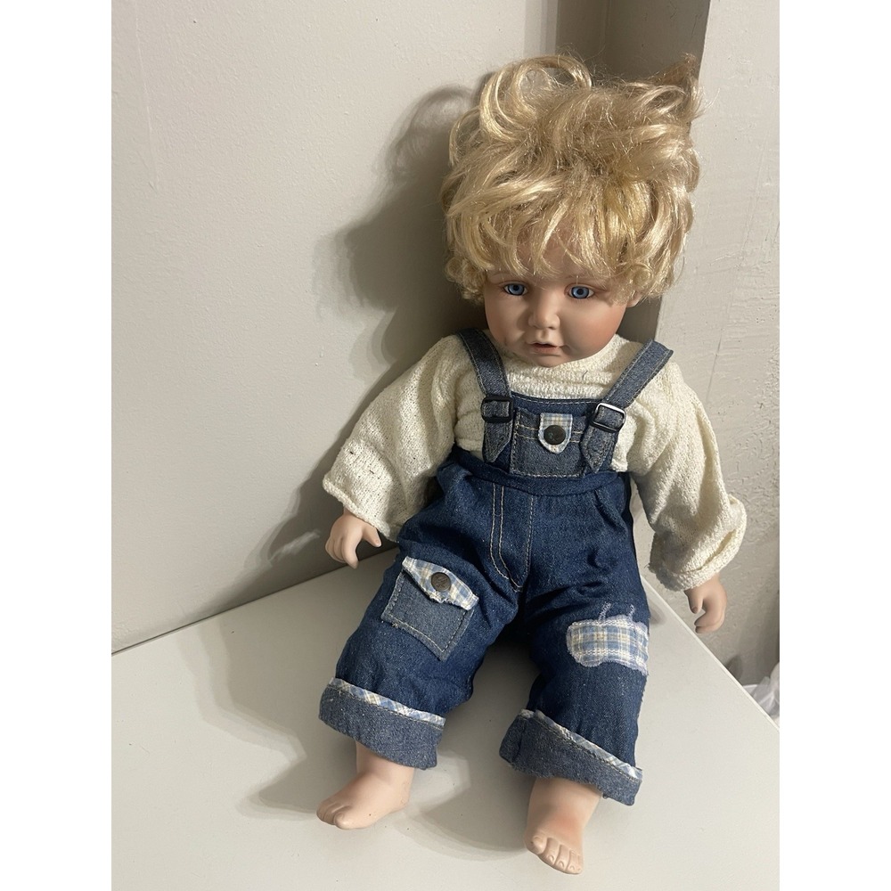 Cathay Collection Vintage Porcelain Doll 21 Inches Tall Blonde‎ Hair Blue